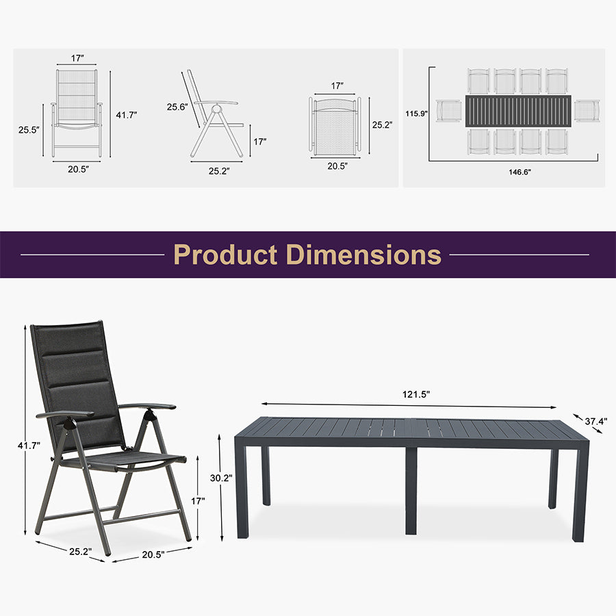 PURPLE LEAF  Folding Outdoor Dining Set  with Aluminum Table and Padded Chairs All Weather Dining Table Sets for Garden Backyard Poolside