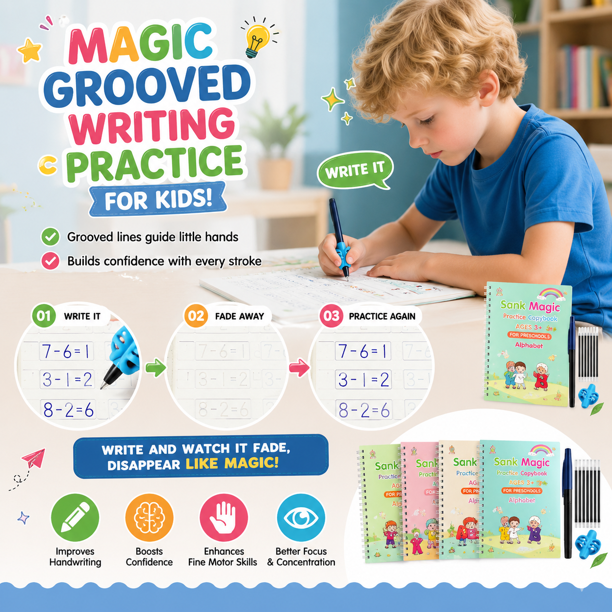 Reusable Grooved Handwriting Practice Books for Kids – 4-Book Set