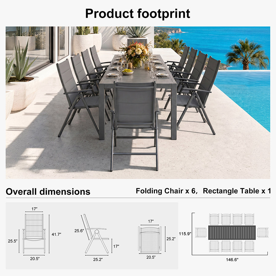 PURPLE LEAF  Folding Outdoor Dining Set  with Aluminum Table and Padded Chairs All Weather Dining Table Sets for Garden Backyard Poolside
